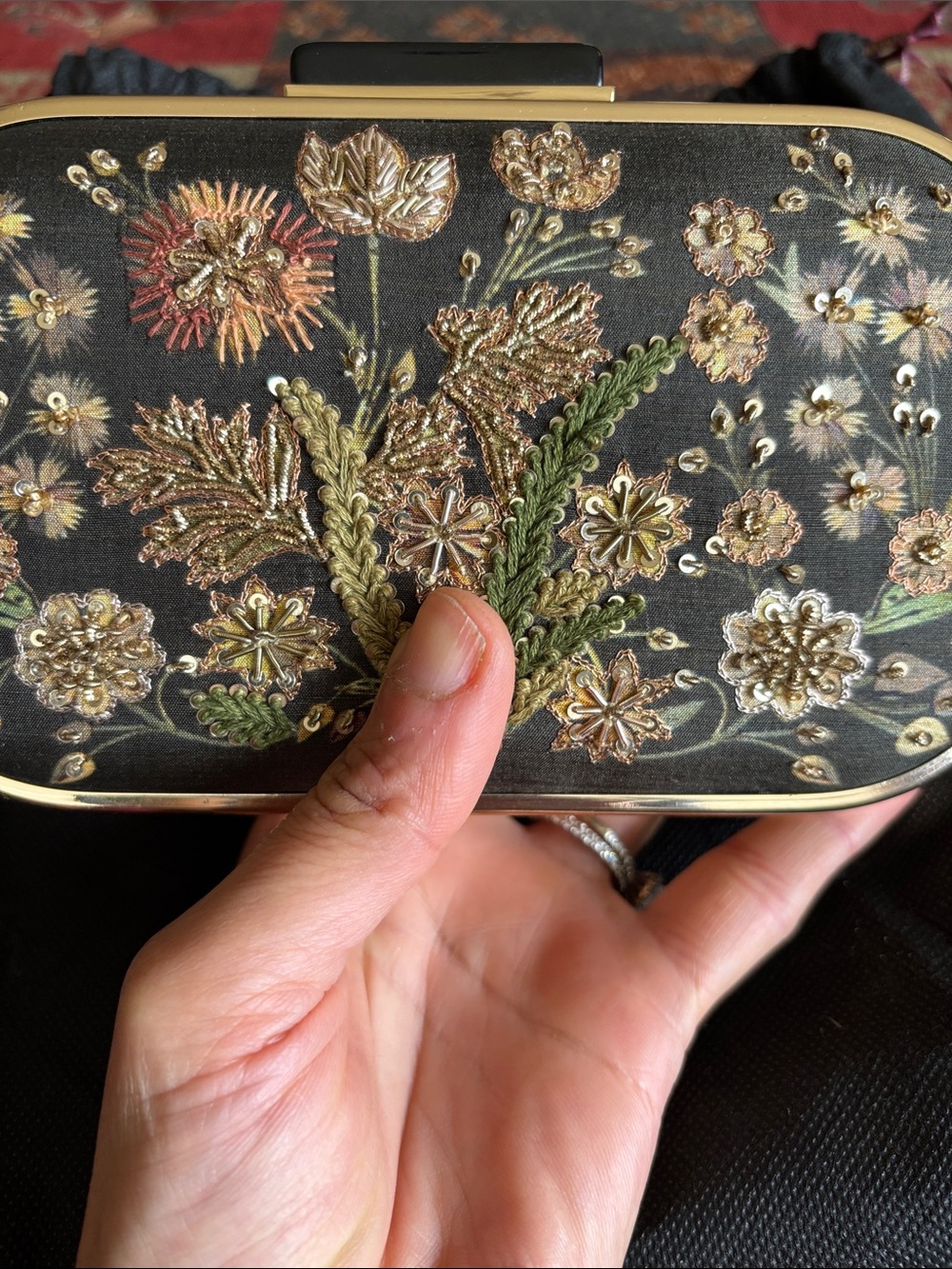 Ritu Kumar Black Embroidered Floral Minaudière with Gold Frame - Picture 7 of 10